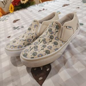 Vans Cream and Blue Floral Slip-Ons